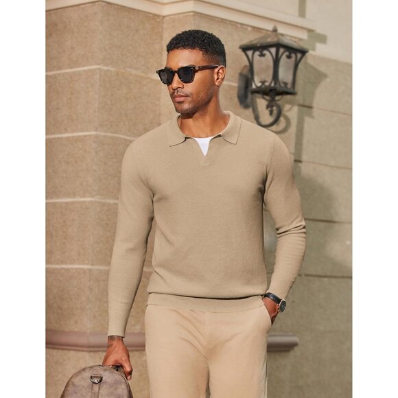 Men's Knit Polo Long Sleeve V-Neck Pullover Sweater Collared Knitted Light Khaki - Picture 4 of 6